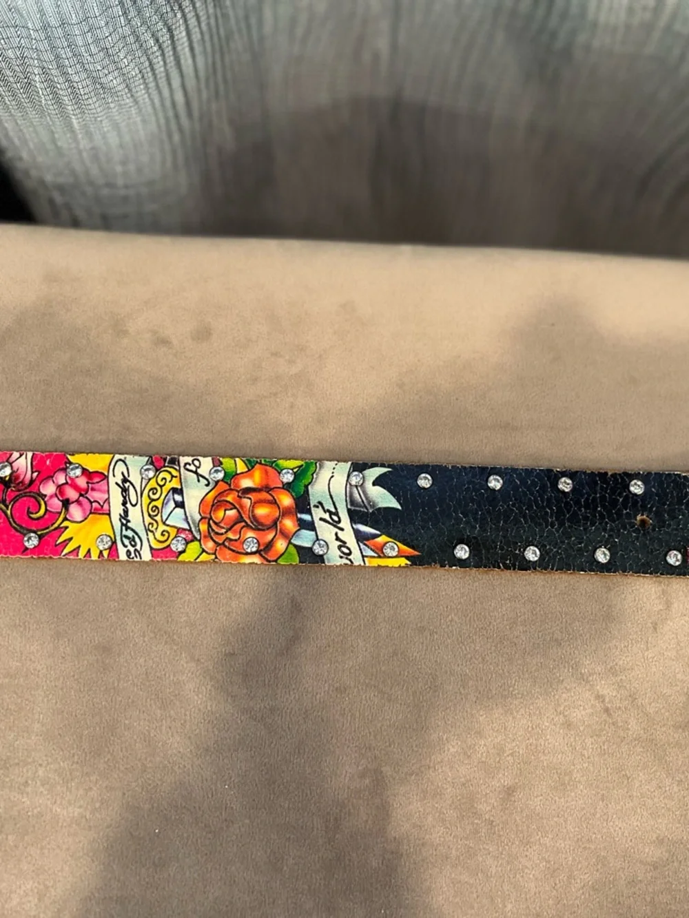 Ed Hardy Multicolored Floral Studded Leather Belt with Rhinestone Buckle Accent
